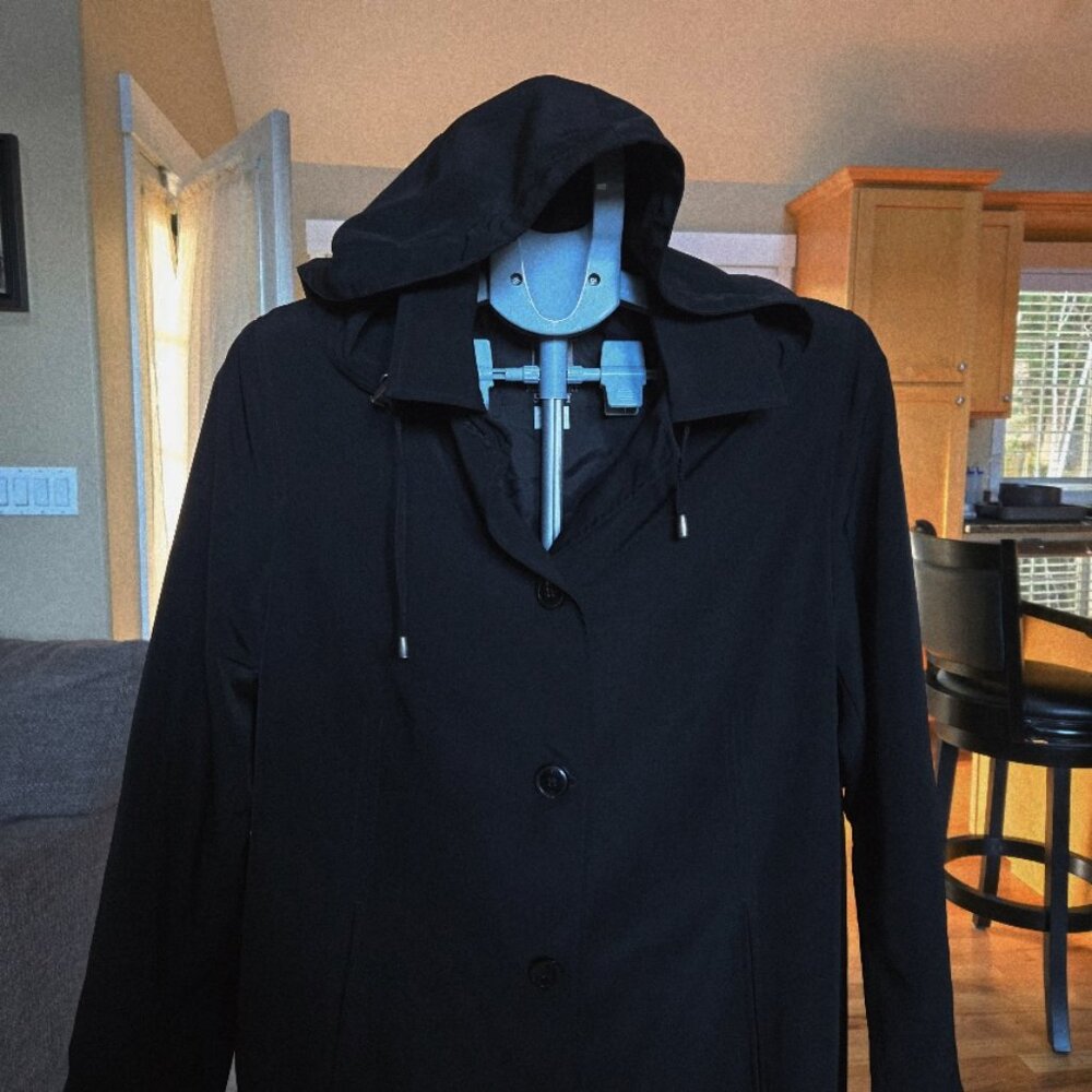 NWT Vintage Mulberry Street black sz Medium hooded trench coat hidden pouch - Picture 6 of 7